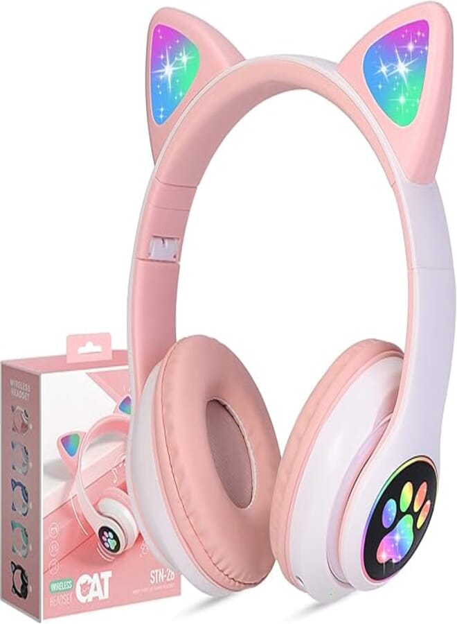 Joyzzz Cat Ear Kids Headphones, Bluetooth 5.0 Cat Ear Headphone, Foldable Kids Bluetooth Headset, Over-Ear Wireless Headphones with Mic LED Light, Compatible with Smartphone, Pad, Lapto